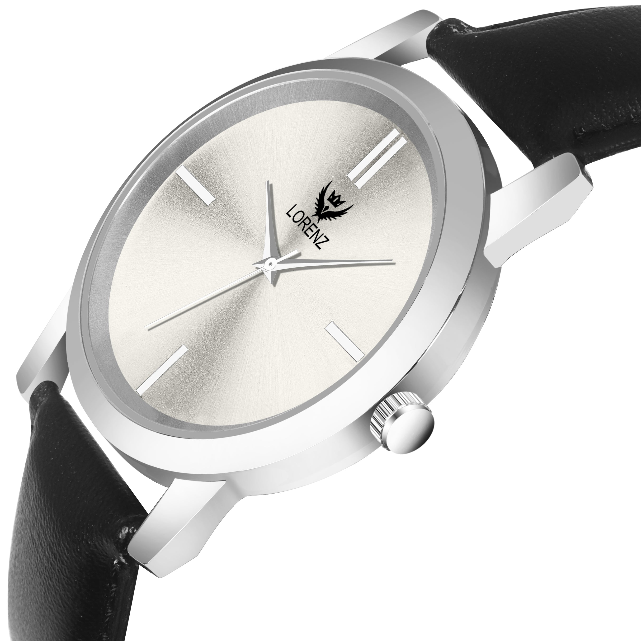 silver dial black leather strap watch
