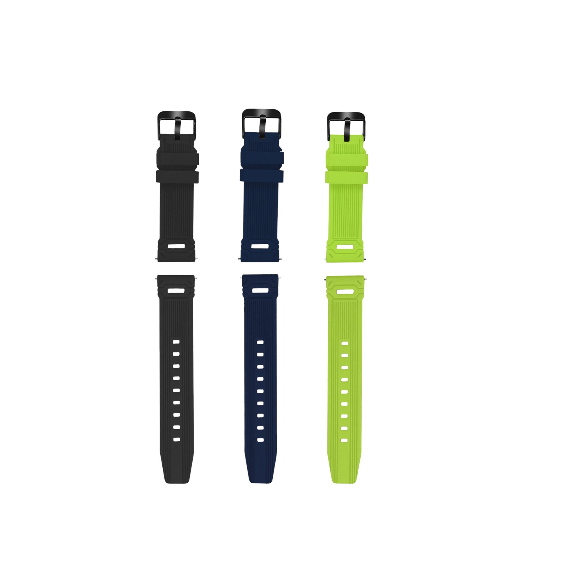 LORENZ Silicone Watch Band Strap, 3-Pack Bundle, Black, Navy Blue & Neon Green Colur Straps with Metal Buckle