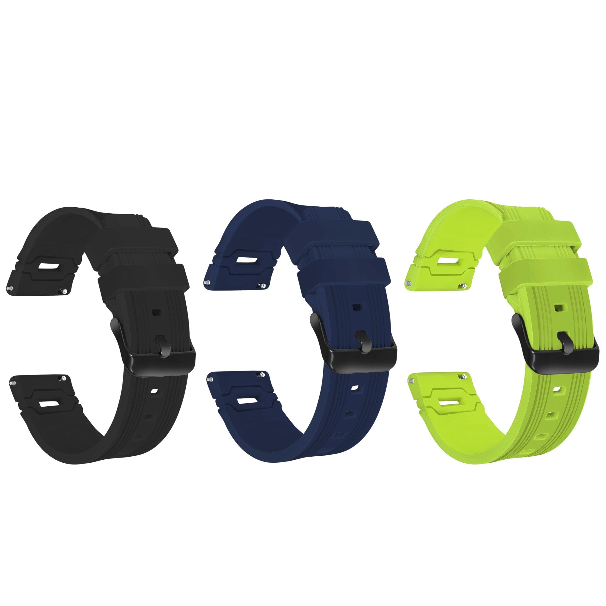 LORENZ Silicone Watch Band Strap, 3-Pack Bundle, Black, Navy Blue & Neon Green Colur Straps with Metal Buckle
