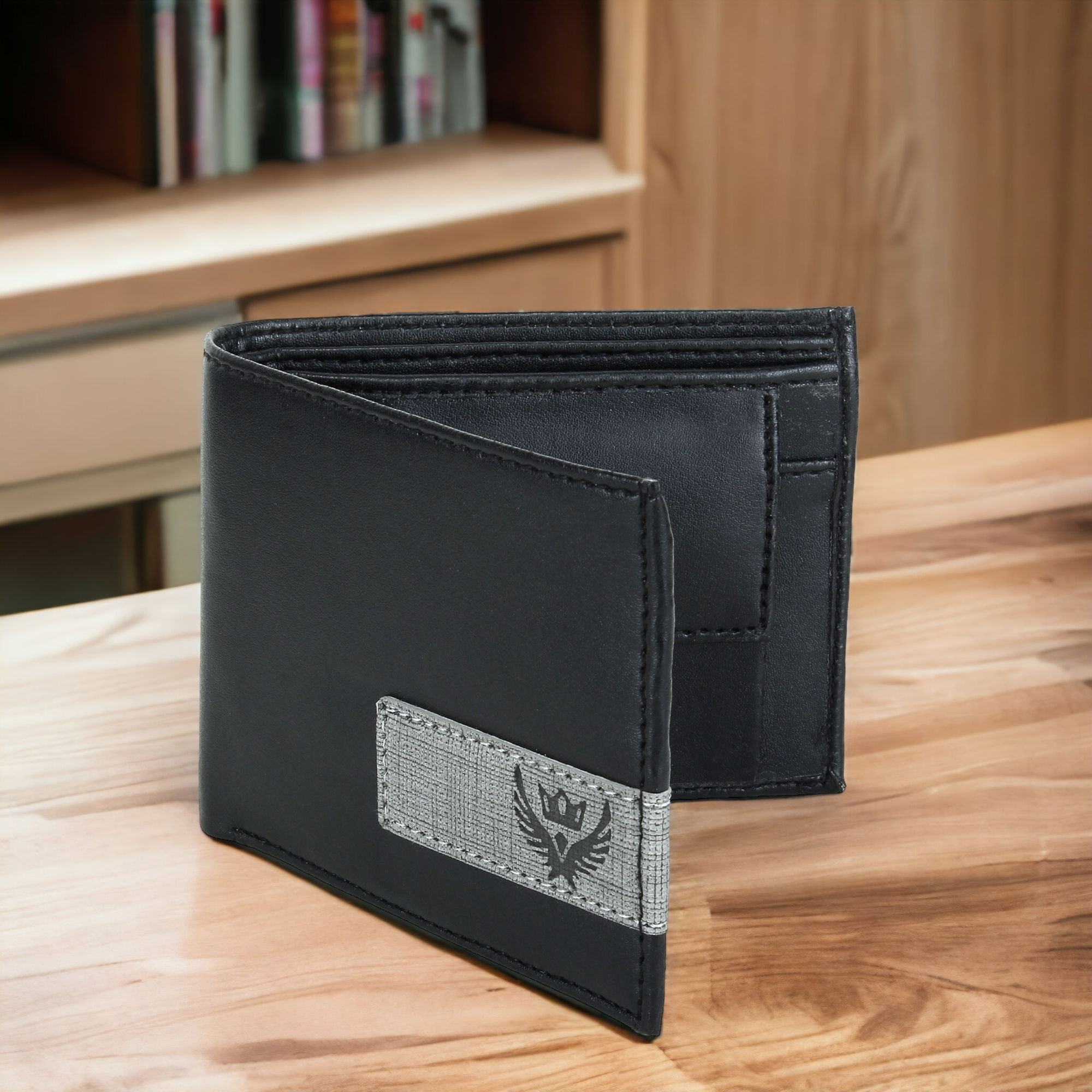 Lorenz PU Leather Gray Strip Bi-Fold Wallet for Men (Black) WL-18