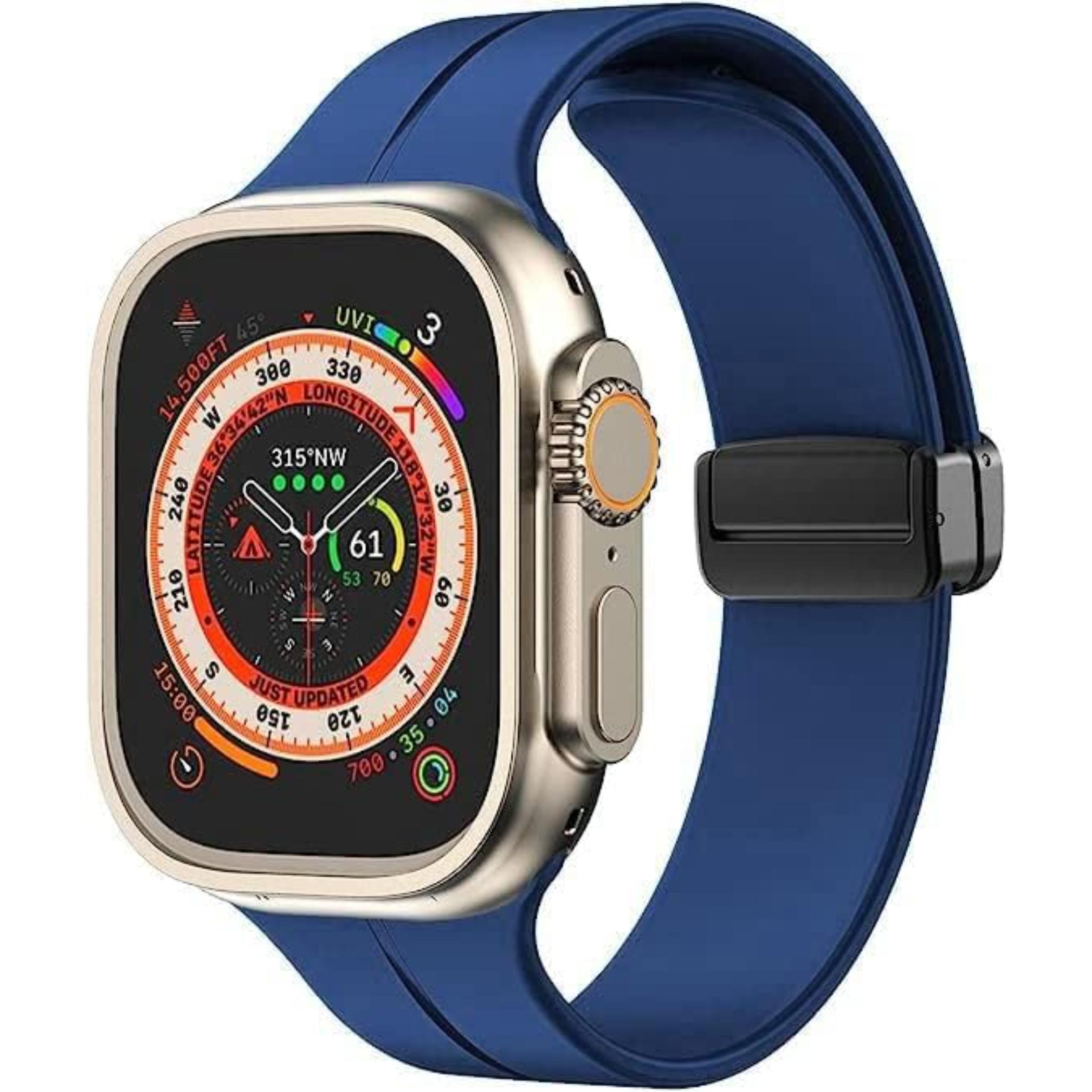 LORENZ Silicone Replacement iWatch Strap with Adjustable Magnetic Lock Feature Compatible with 42mm/44mm/45mm/49mm Watches (NAVY BLUE)