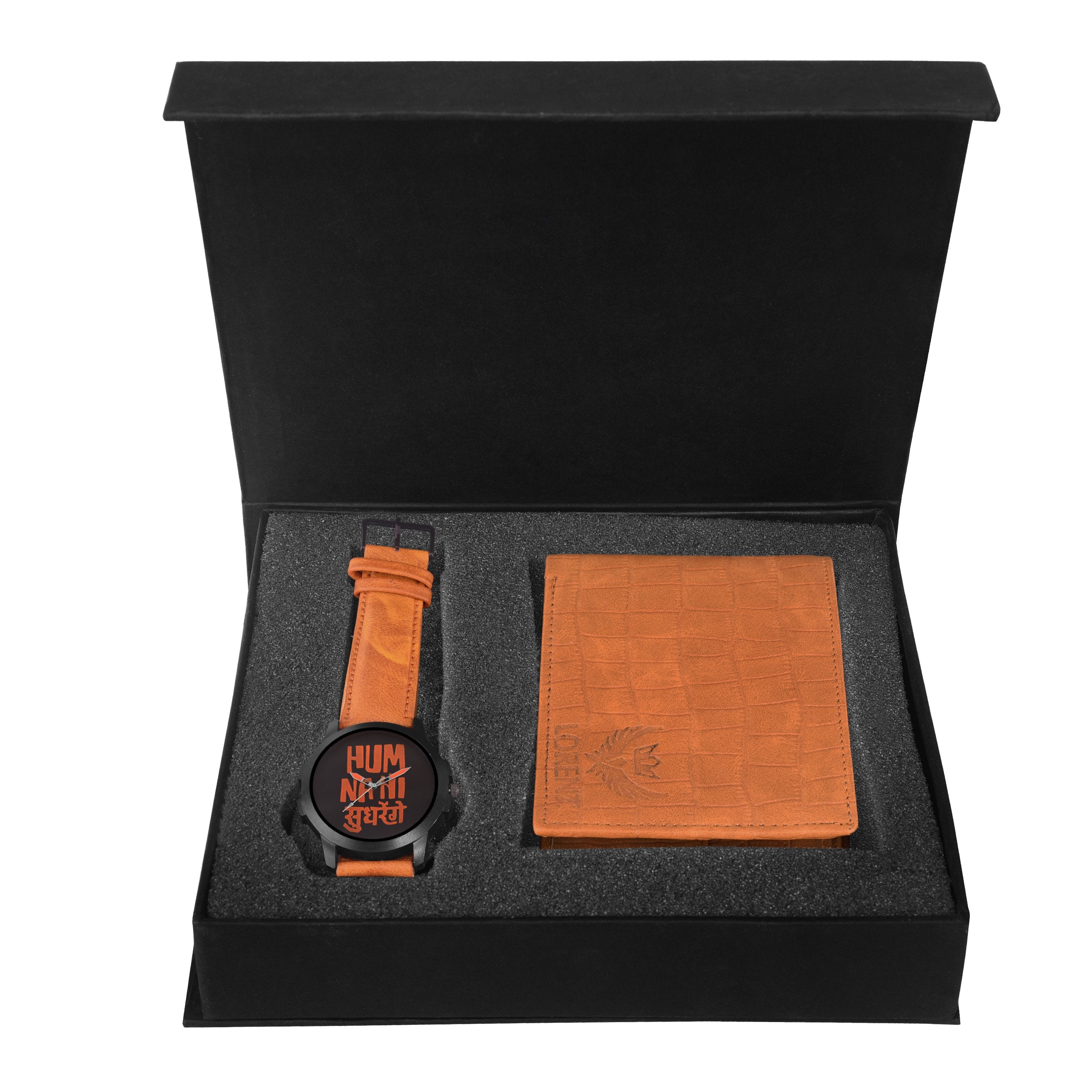 Lorenz CM-2020WL-07 Combo of Men's Black Dial 'HUM NAHI SUDHRENGE' Watch and Brown Wallet - Lorenz Fashion