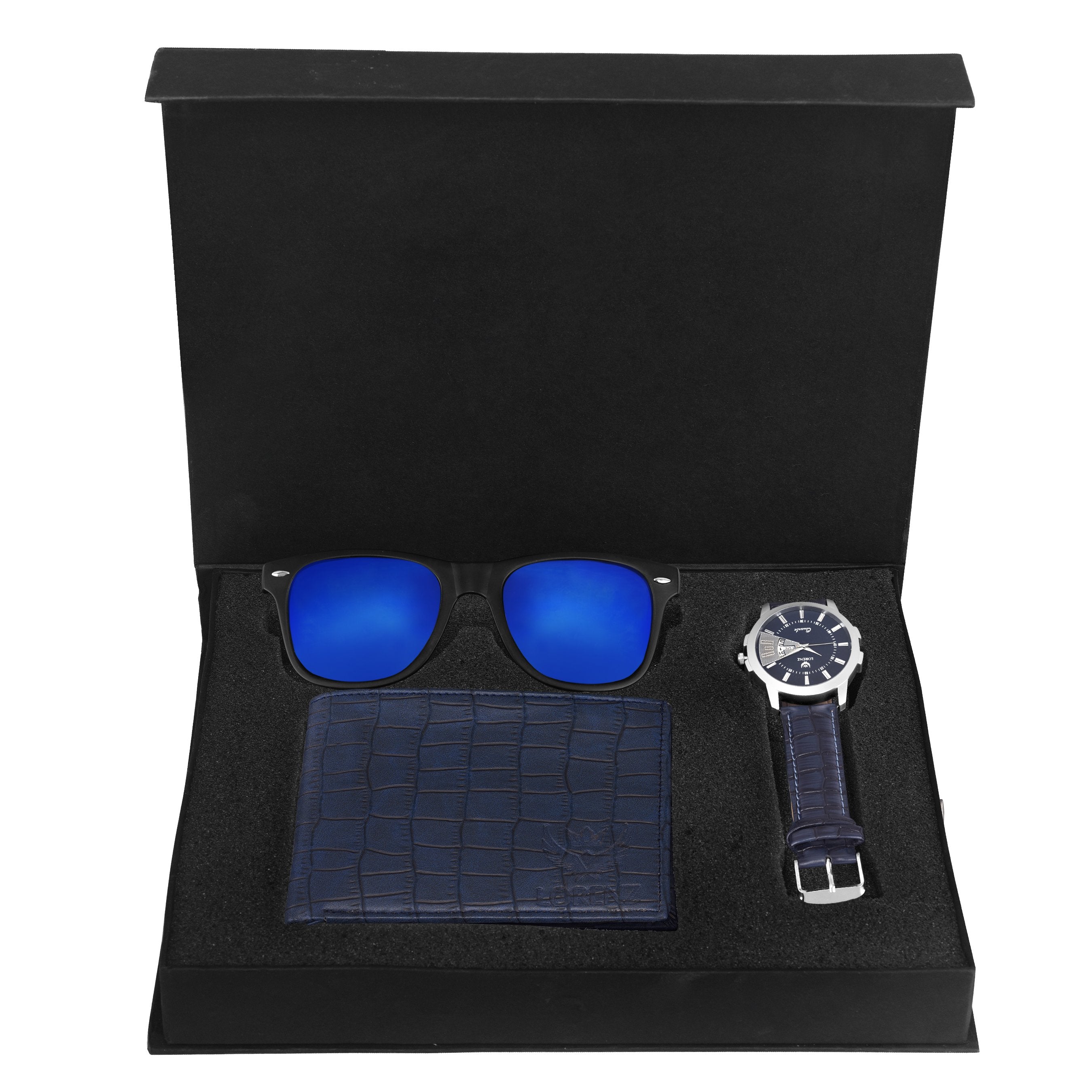Lorenz CM-203MR-WL-06 Combo of Men's Blue Leather Strap Analogue Watch, Mercury Sunglasses and Blue Wallet - Lorenz Fashion