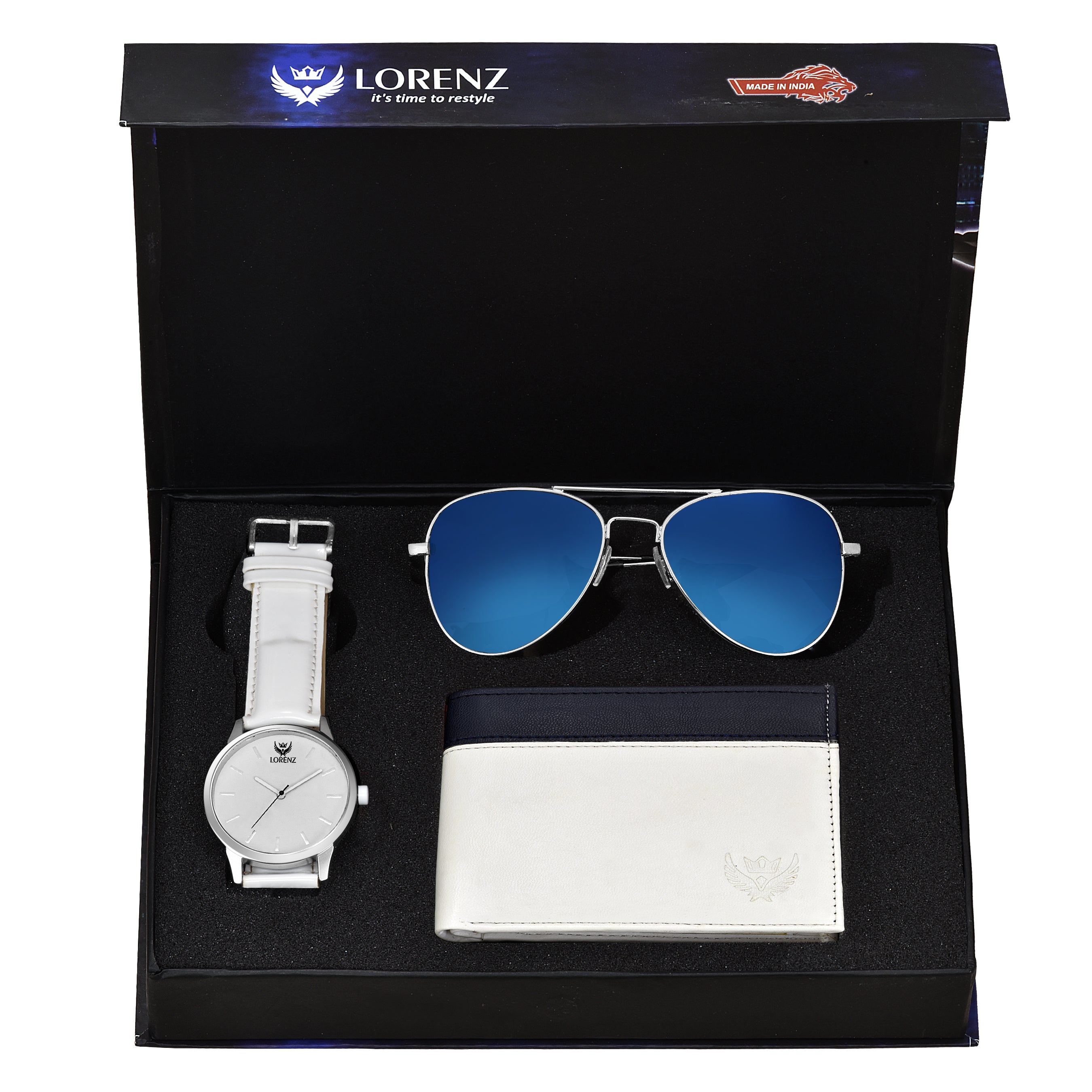  Lorenz Men's Gift Set featuring a white dial watch, white wallet, and blue reflector sunglasses.