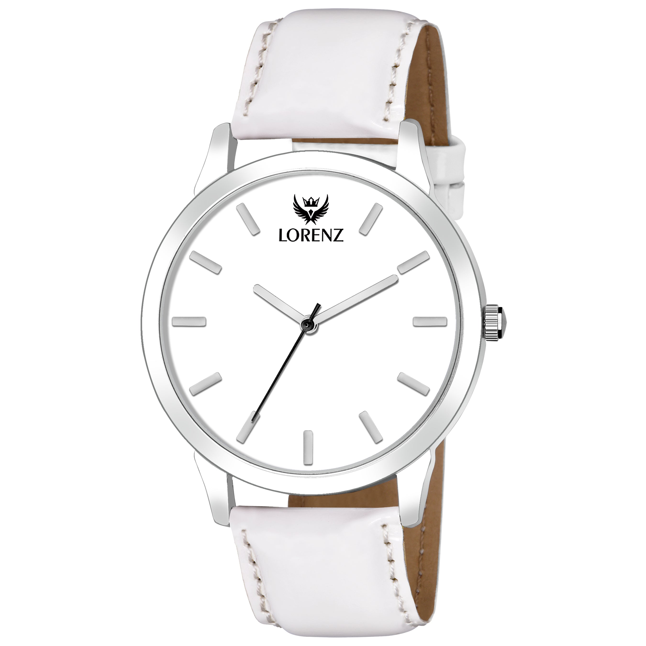Lorenz Men's White Dial Watch with a white leather strap and blue hands.
