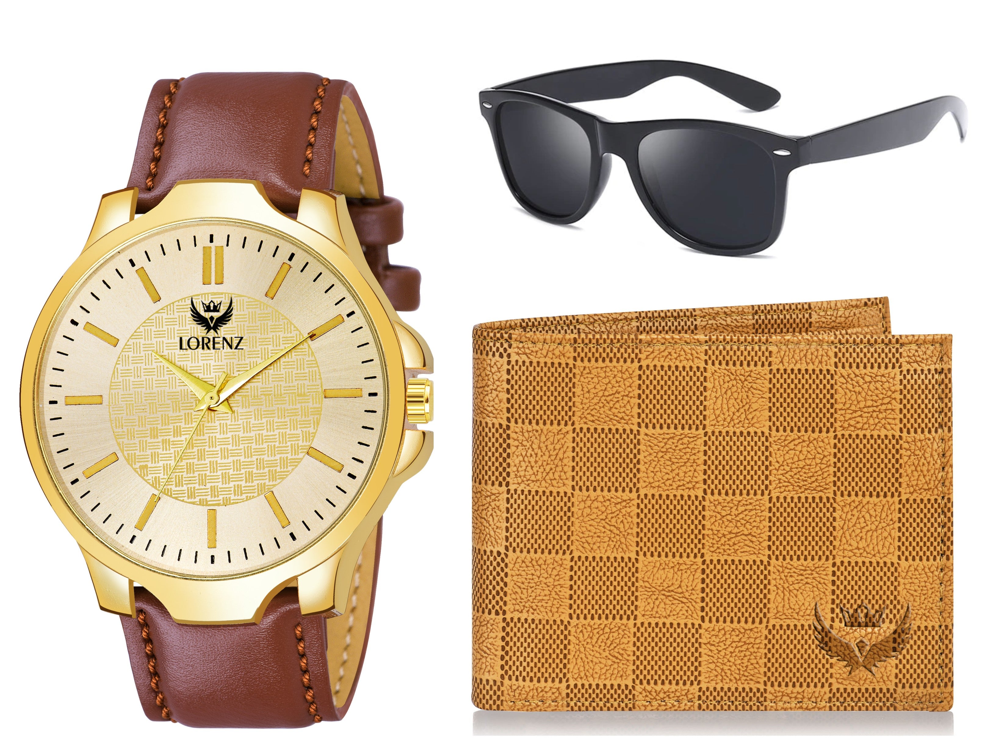 Lorenz Men's Gold Watch, Brown Leather Wallet & Wayfarer Sunglasses Gift Set