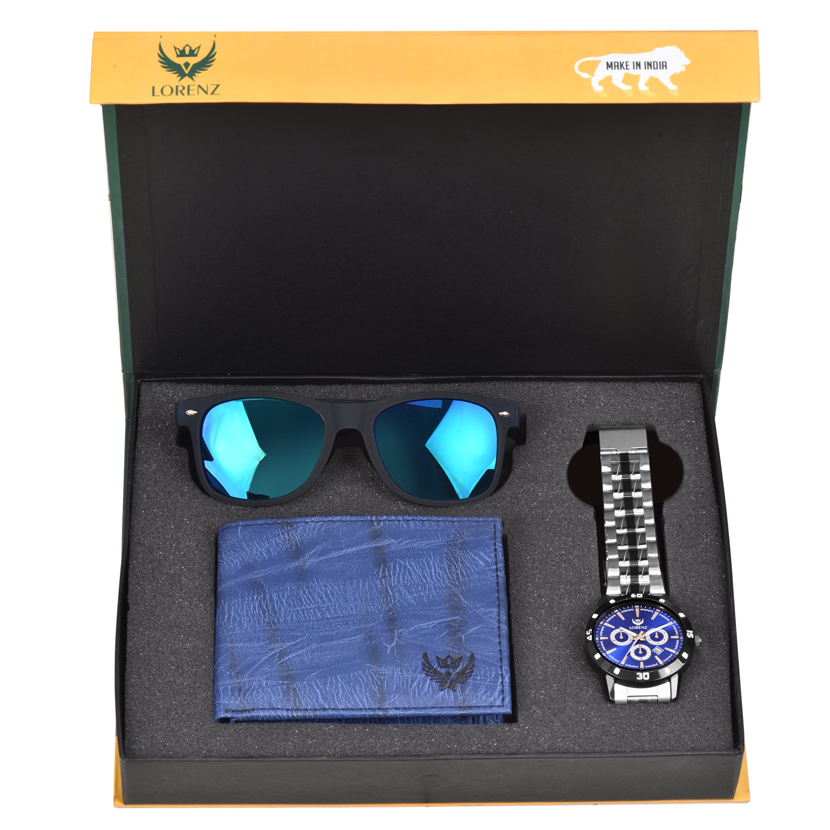 Lorenz 3-Piece Blue Gift Set: Watch with blue dial and blue leather strap, blue bi-fold wallet, and black sunglasses.