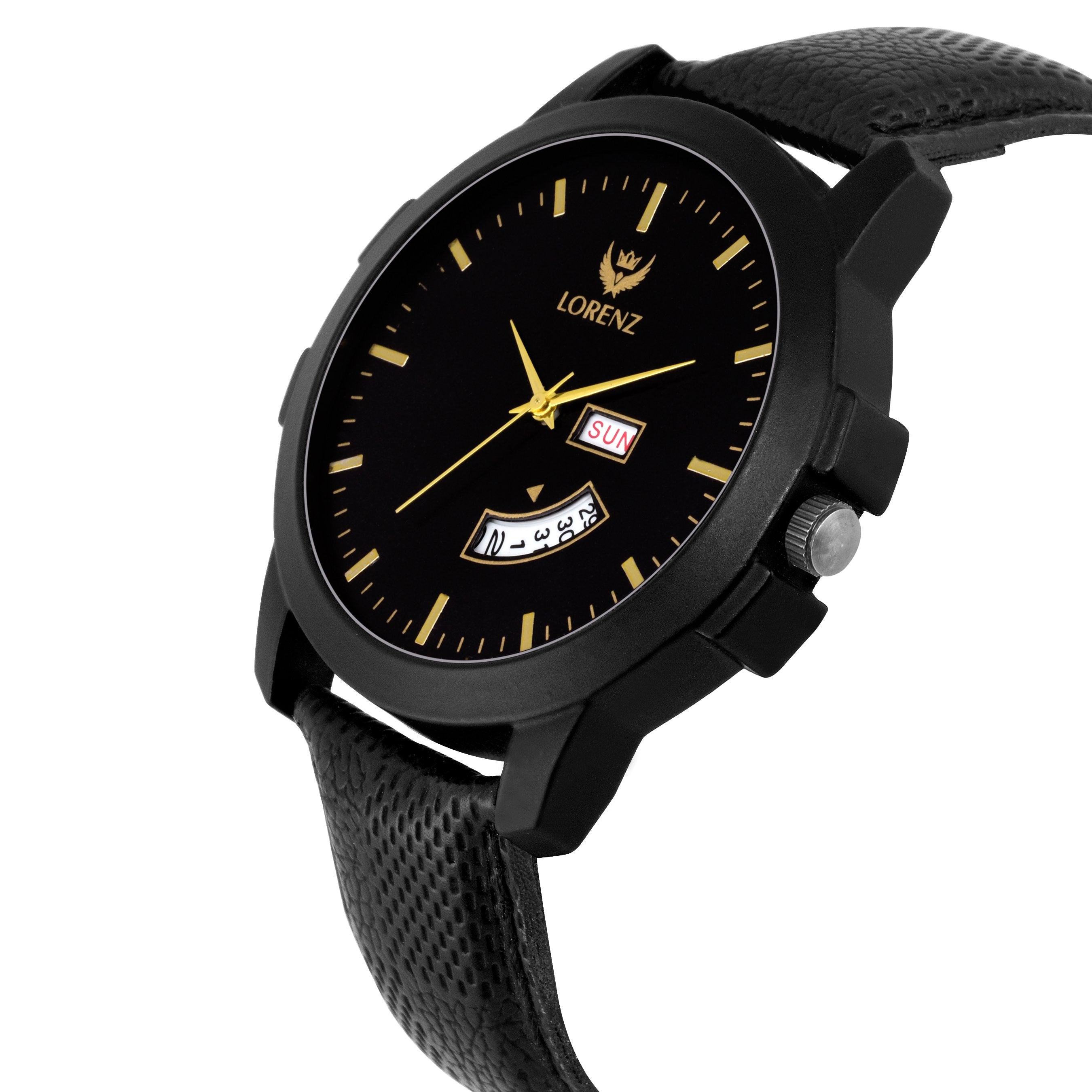 Lorenz Black dial Leather Strap Day & Date Mens watch-MK-10100A - Lorenz Fashion
