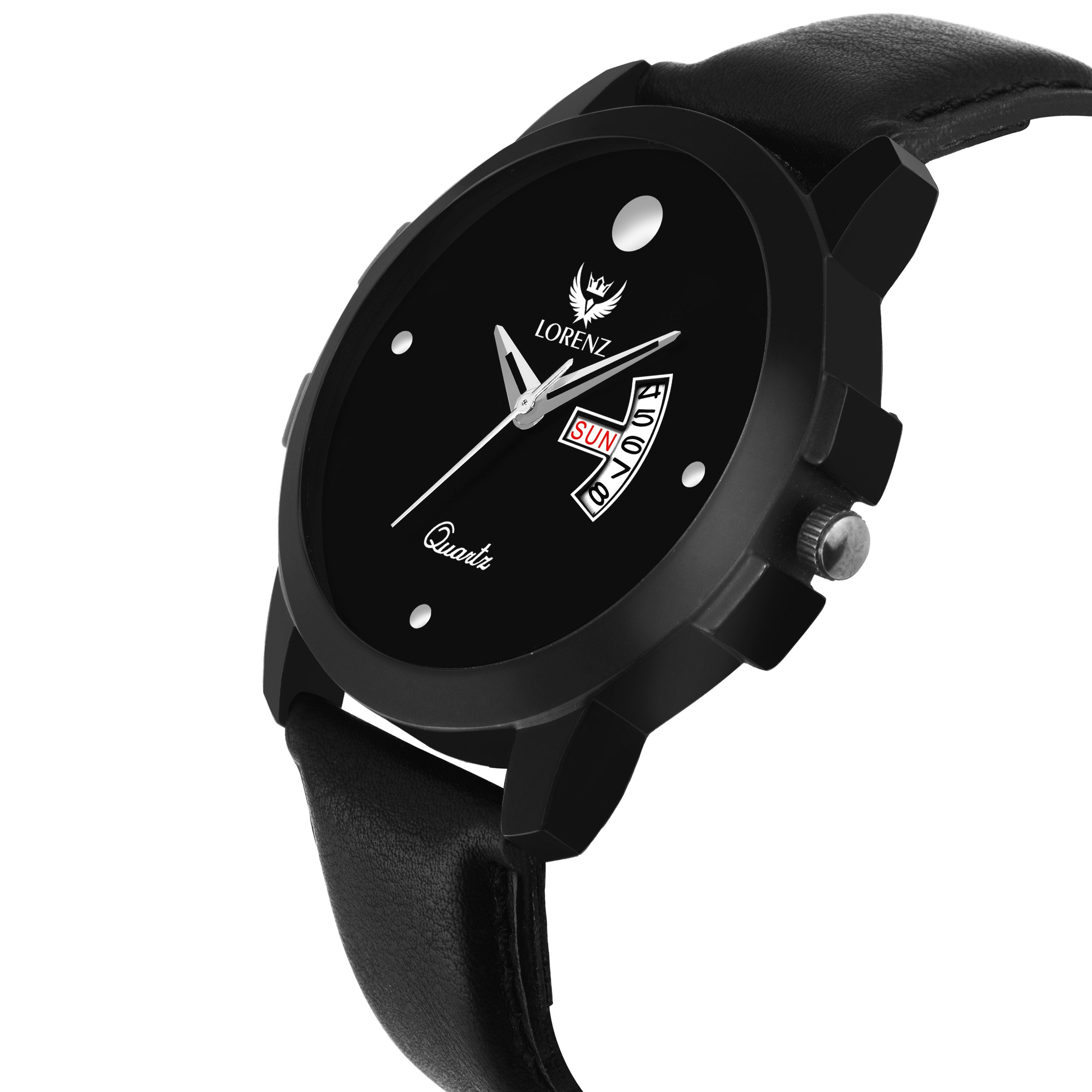 Lorenz Black Dial Leather Strap Day & Date Watch for Men- MK-205W - Lorenz Fashion
