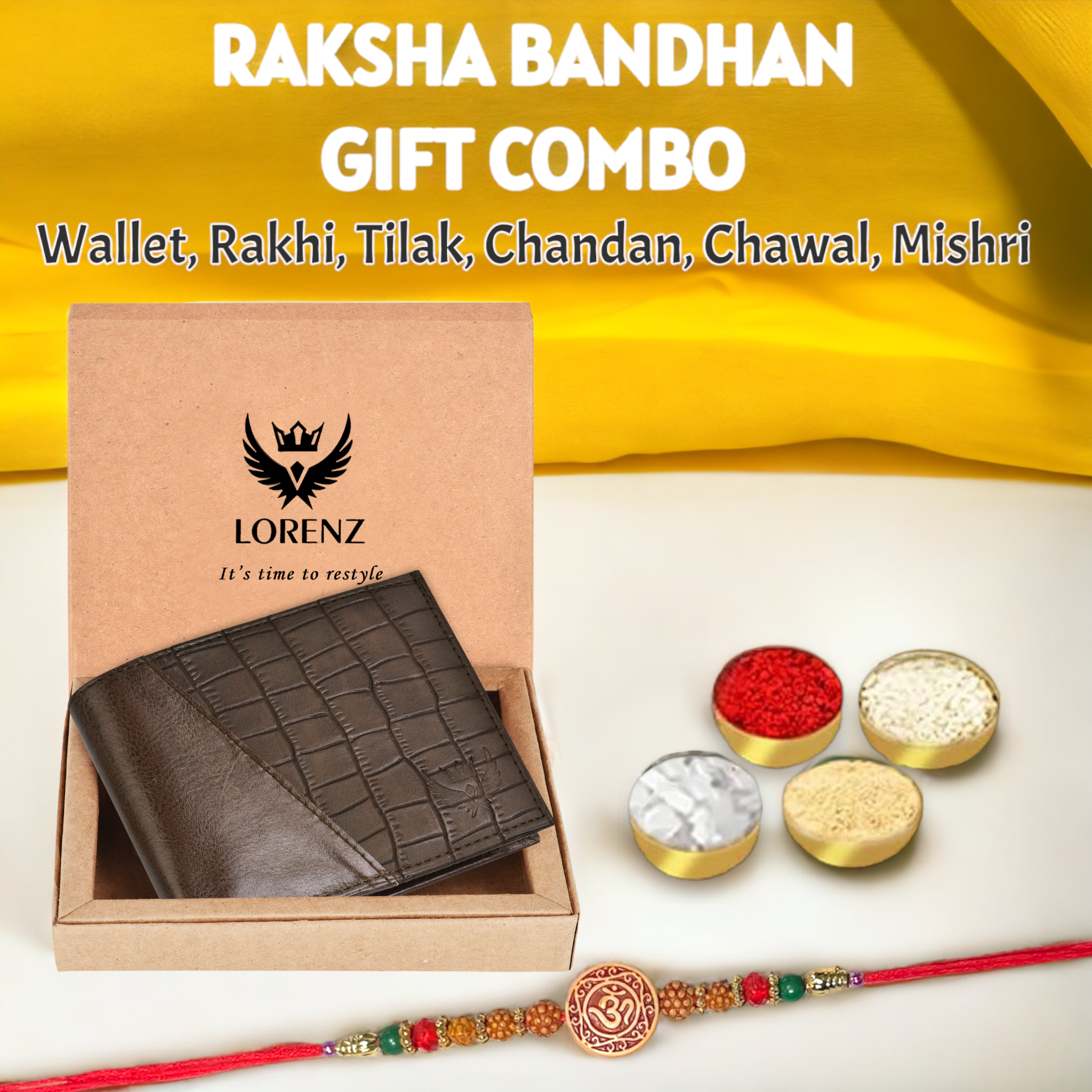 Lorenz Raksha Bandhan Gift Combo for Brother - Bi-Fold PU Leather Wallet and OM Rakhi, Roli, Chandan Tilak, Chawal, Mishri